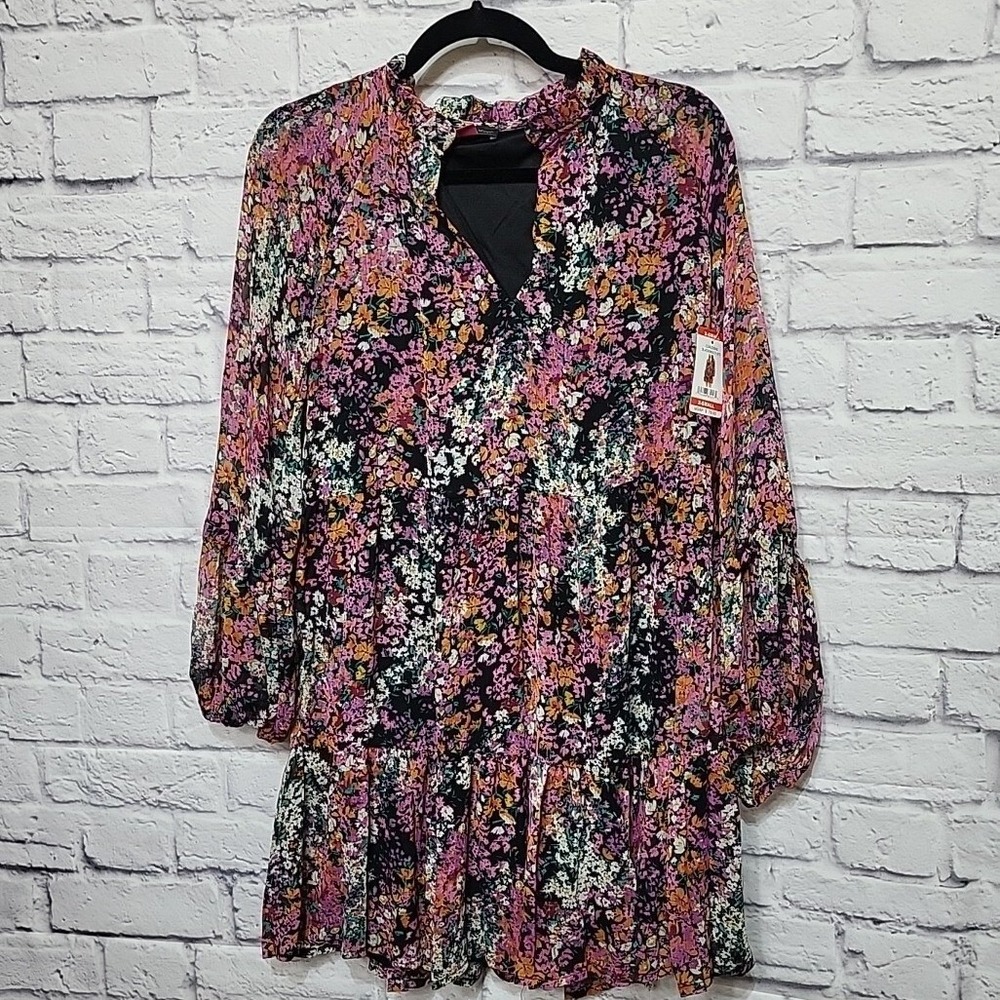 Vince Camuto XS‎ Small Black Floral Tiered Ruffle Mini Dress Long Sleeve NWT
